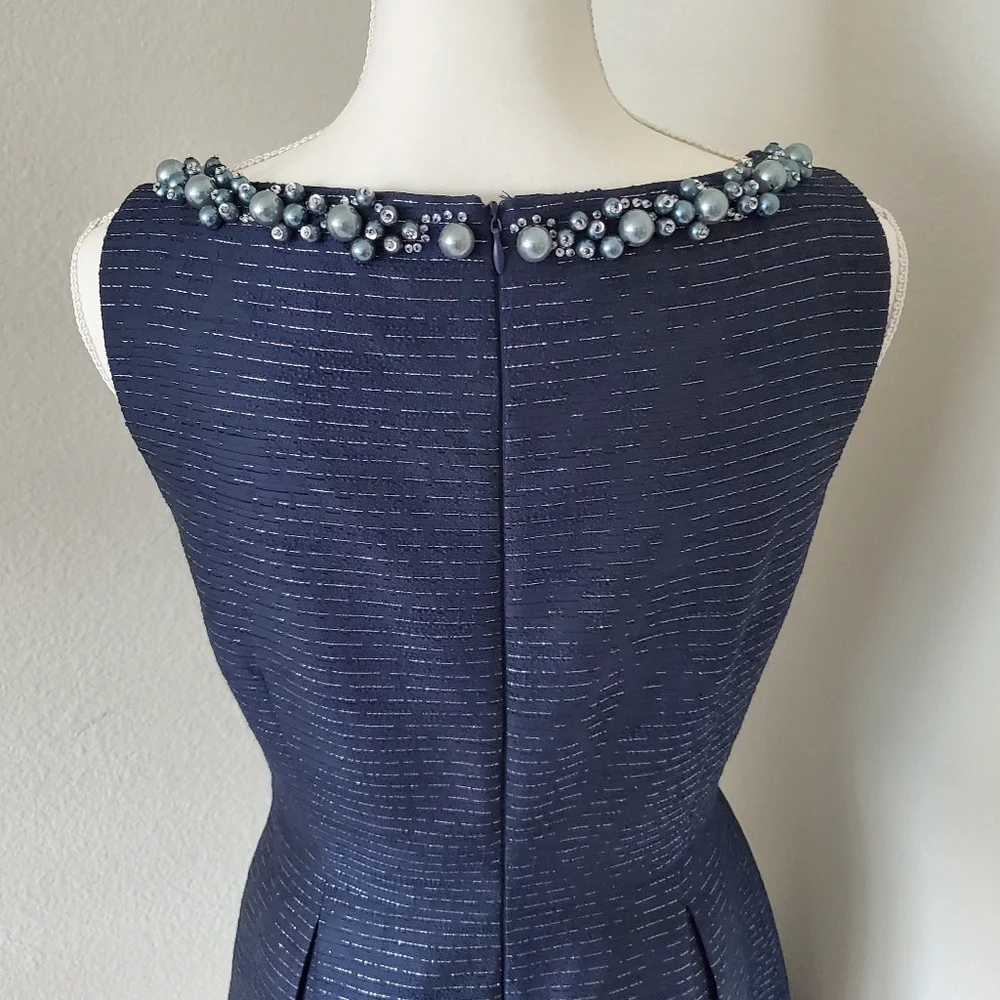 Tahari ASL Navy Blue Beaded Neckline Fit & Flare Dress Metallic Cocktail Size 4 - Picture 5 of 9